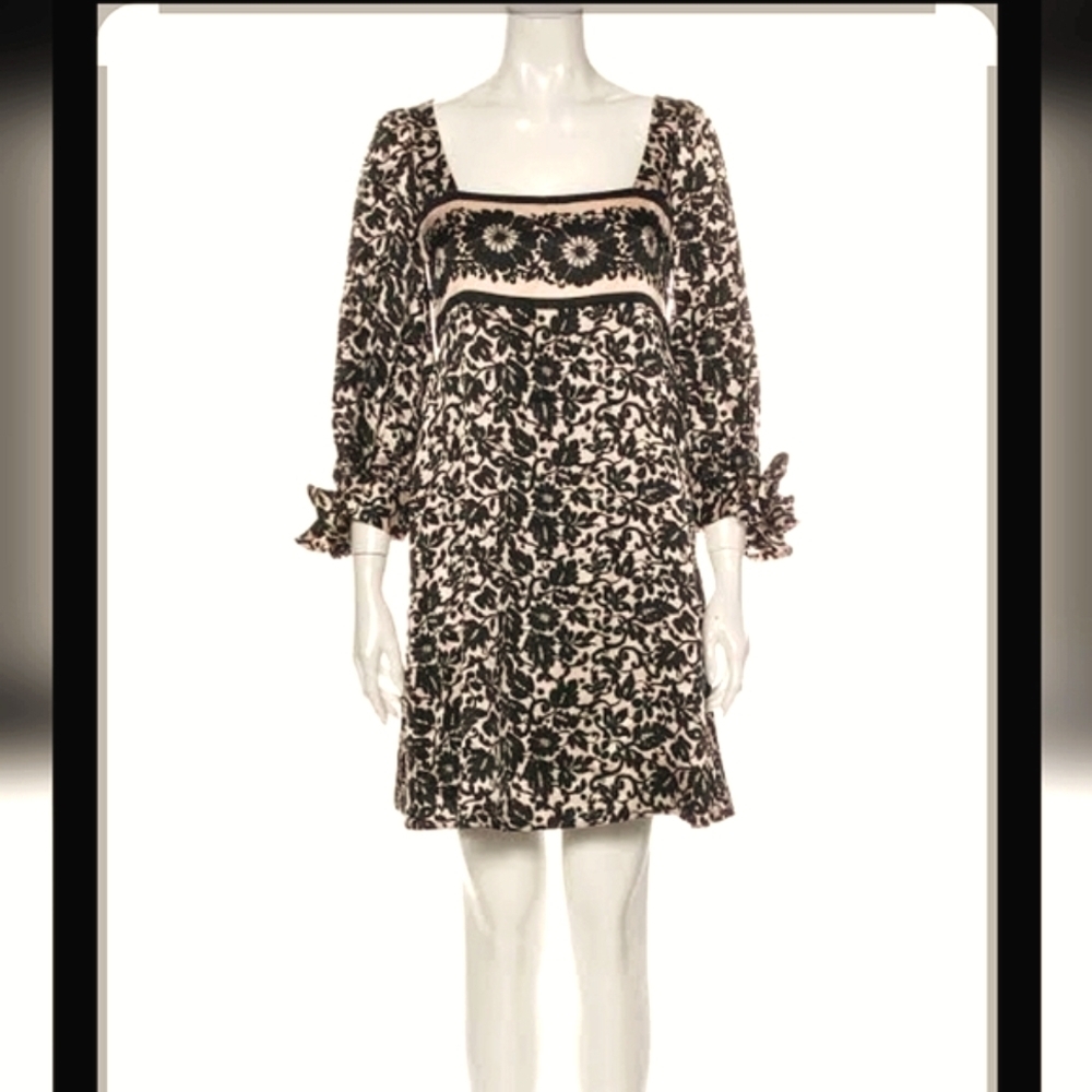 Black floral silky shift dress, three quarter sleeves w/bow & square neckline 6